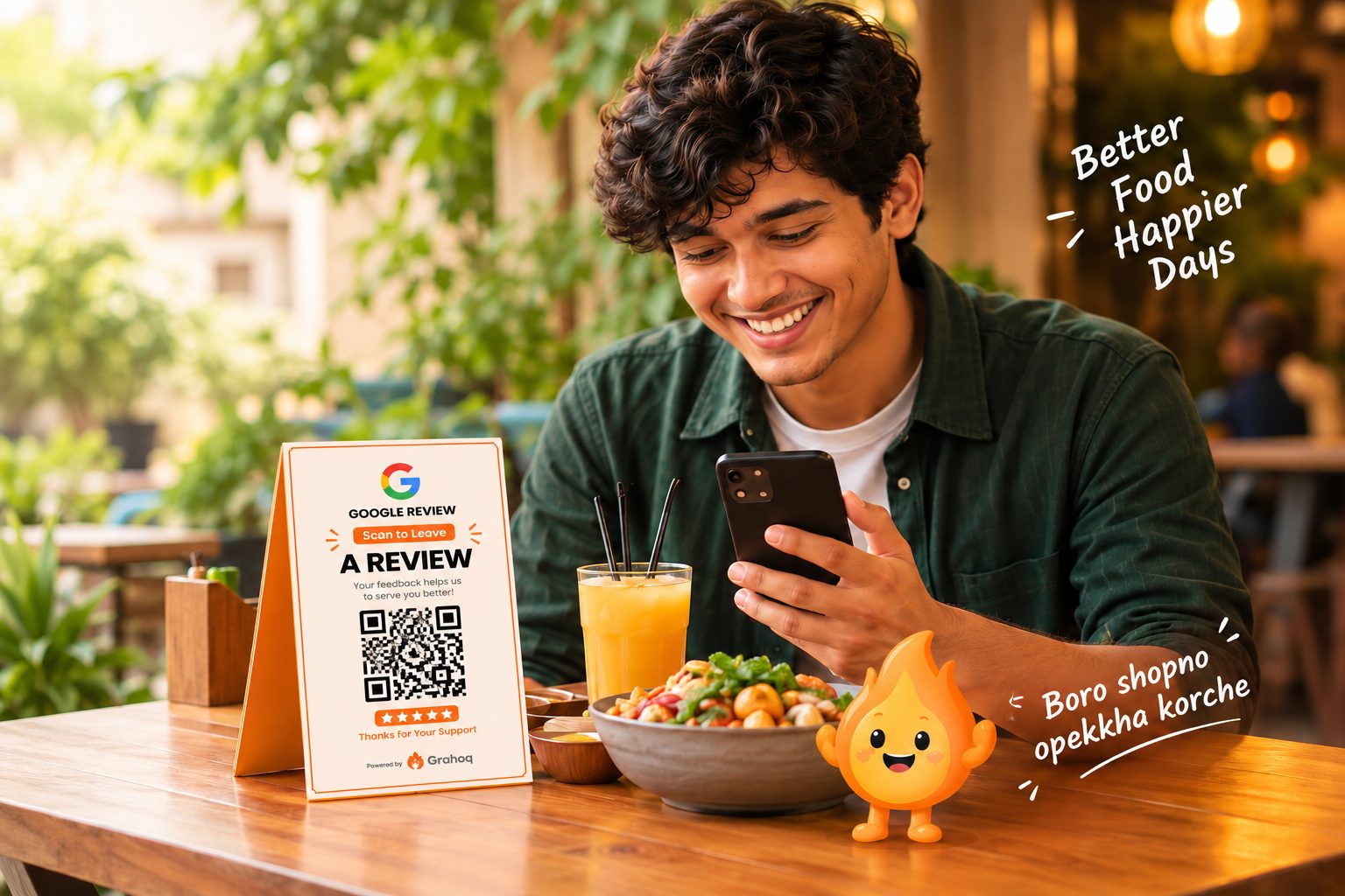 A guest at a café table scans the QR code standing on the table; the scan opens the shop's menu, loyalty streak and Google review on his phone.